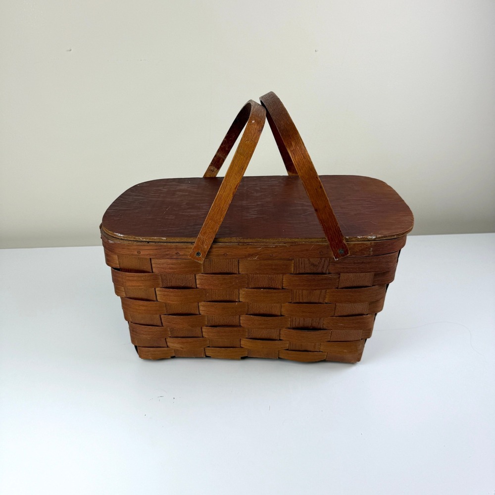 Vintage Woven Wood Picnic Basket With Lid & Wooden Handle Retro Decor